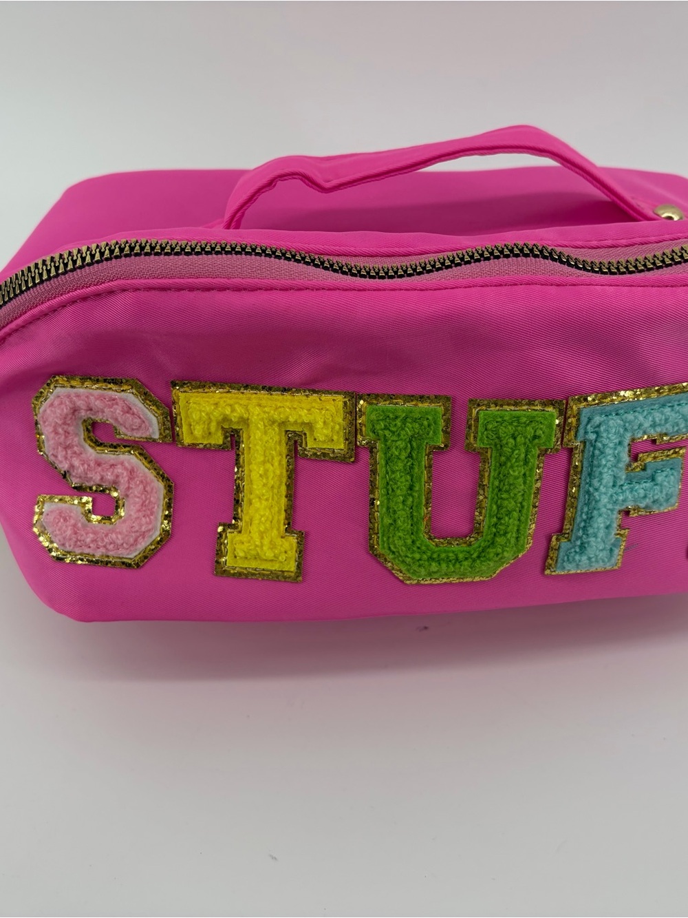 Preppy Pink "STUFF" Nylon Makeup Bag with Chenille Letter Patches, NWOT
